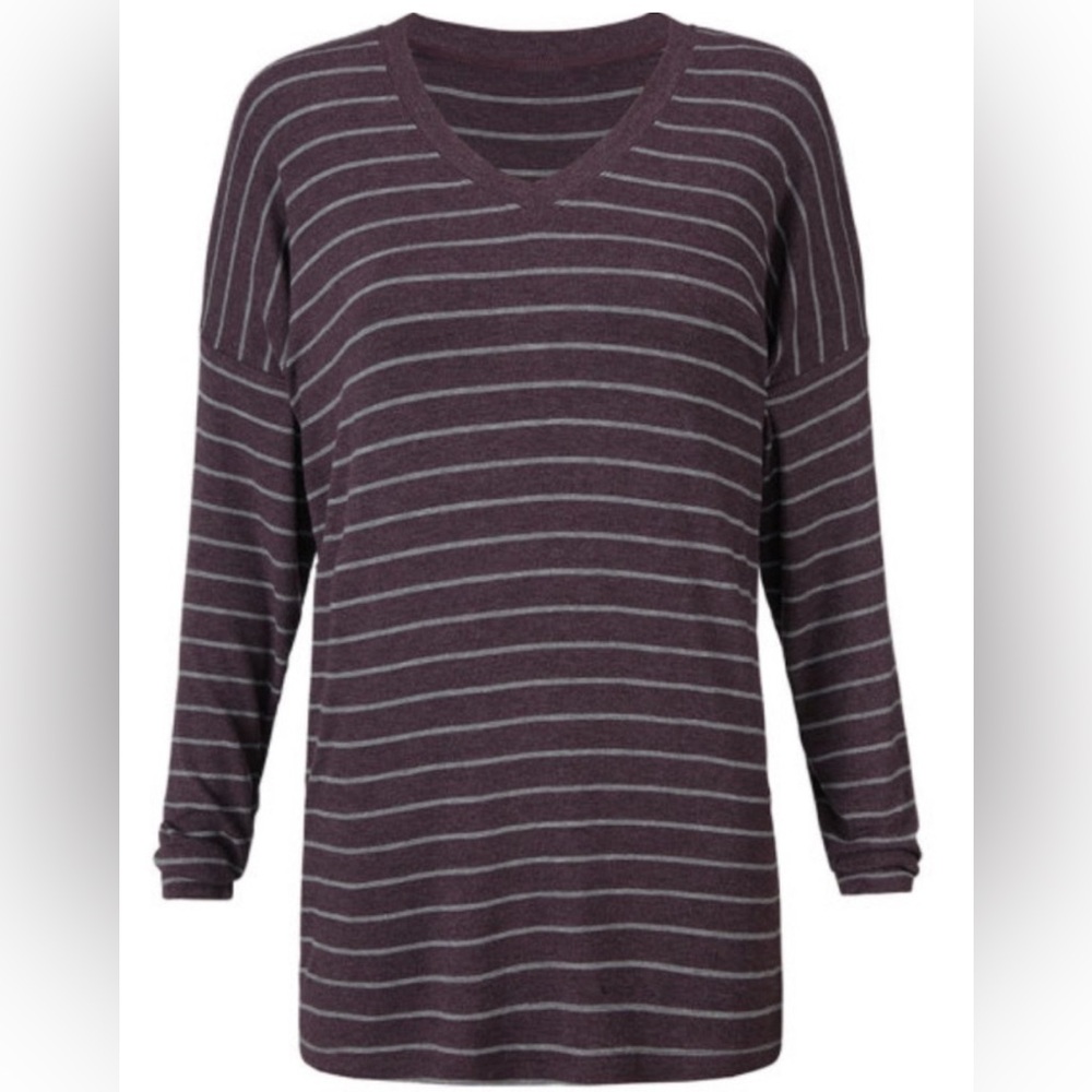 cabi Serenity Tee, #3998, S, Purple/gray stripe, long sleeve